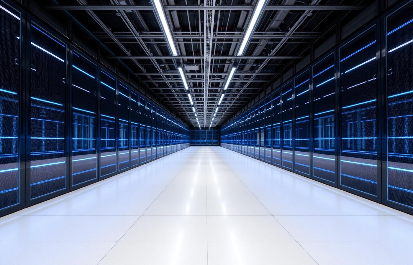 A symmetric perspective down a modern datacenter aisle lit with cool blue light