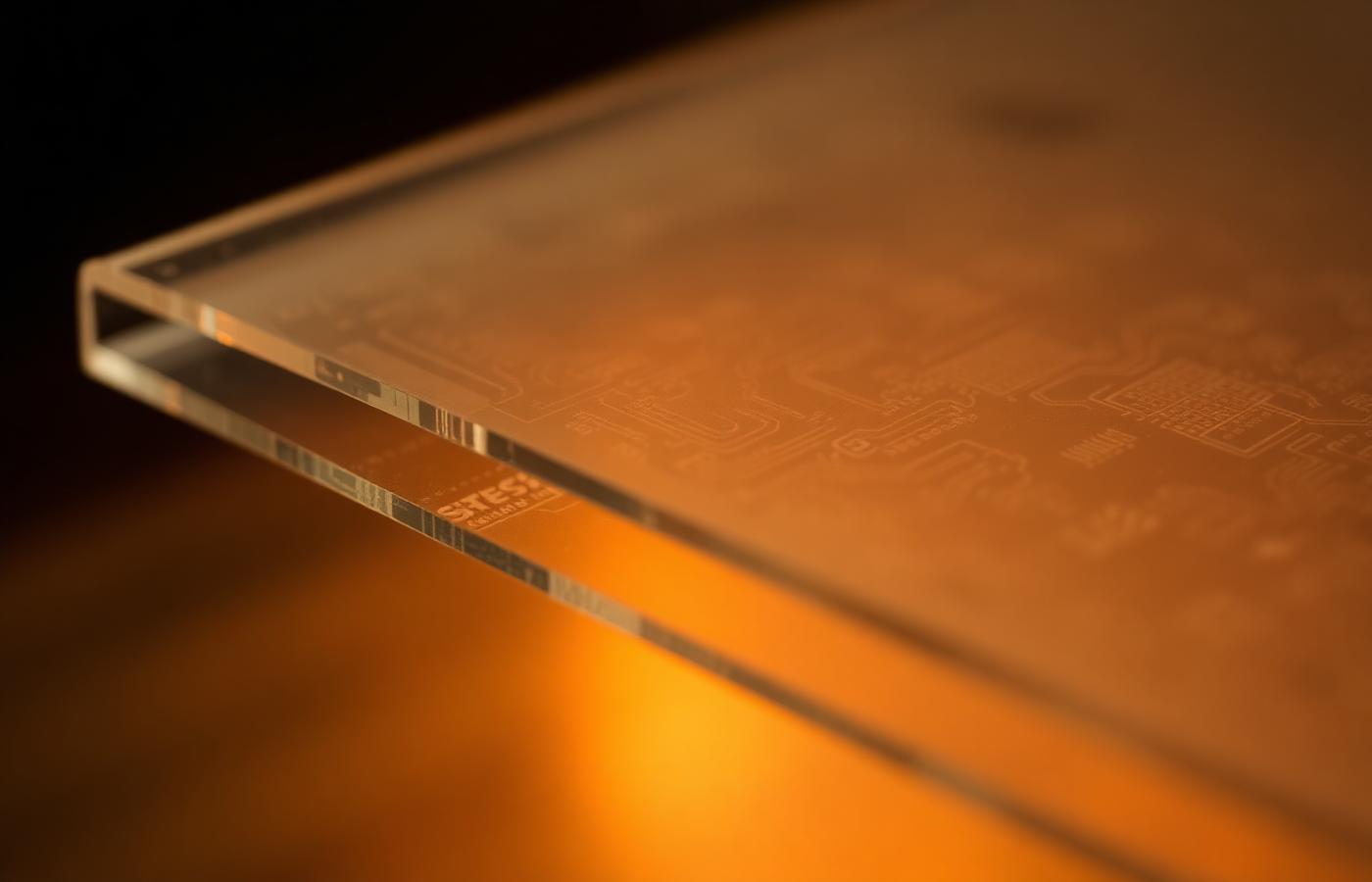 A translucent glass panel etched with faint circuit patterns lit by warm amber light