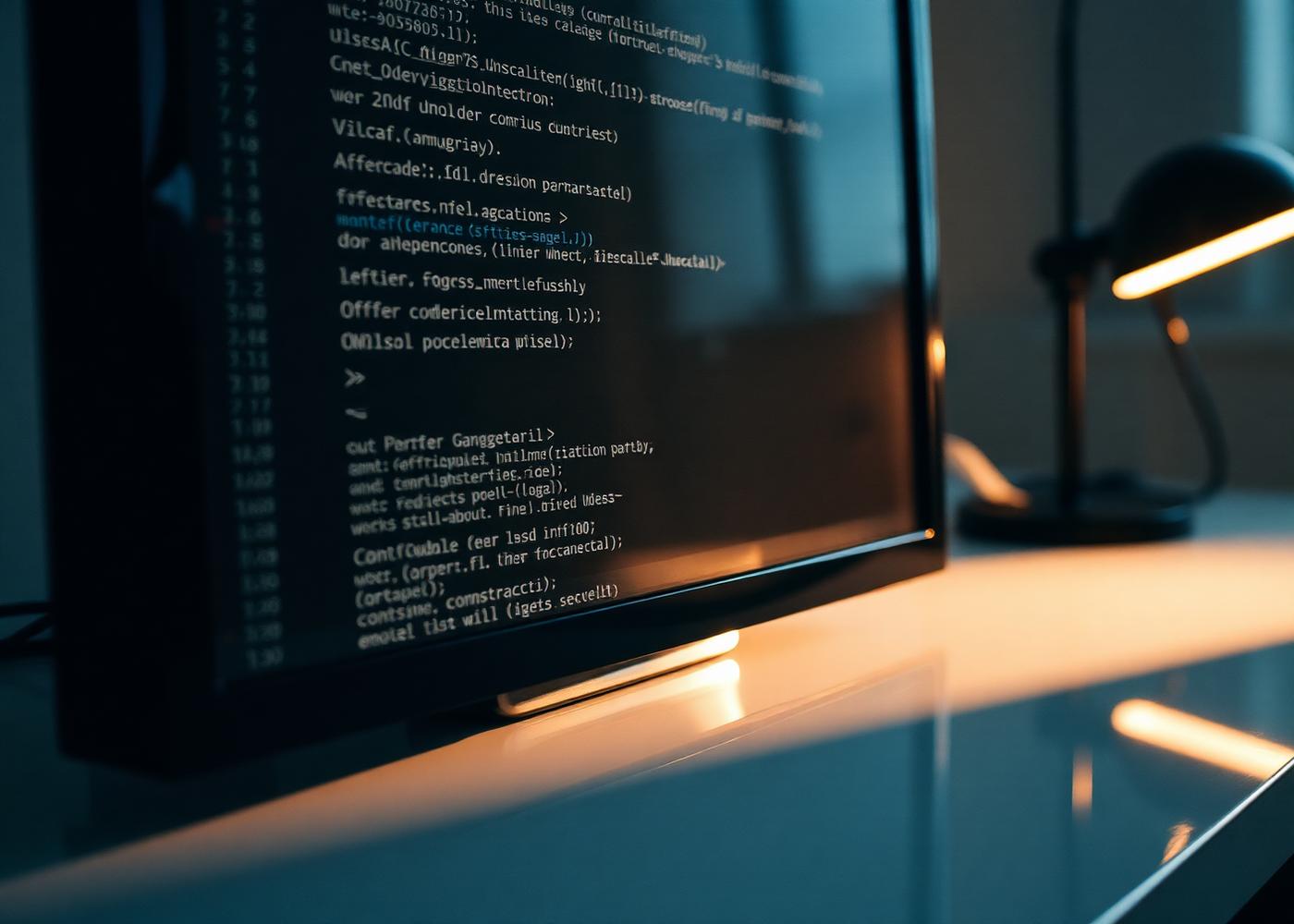 A close-up of source code on a dark editor with warm reflected light on a glass desk