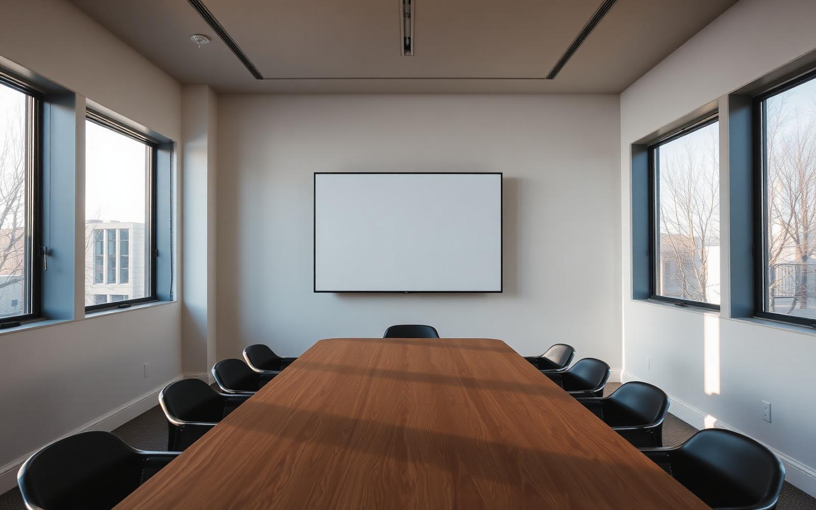 An empty modern meeting room in warm morning light